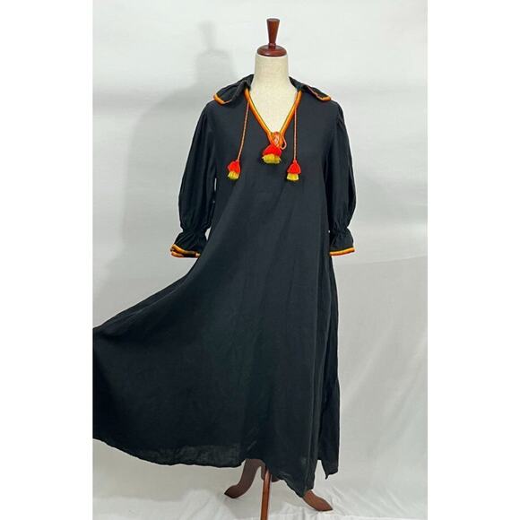 ELEVEN March 11 Sz S Small Black Linen Orange Yellow Trim Tassels Midi Dress - Picture 6 of 10